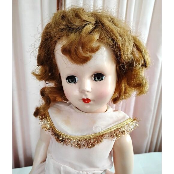 Vintage 1950s 17" Hard Plastic Sleep Eye Doll w/ Red Hair & Pink Dress - Picture 2 of 5